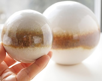 Decorative Ceramic Balls, Set of 2 White Orbs, Rusty Brown Texture, Modern Zen Vintage Home Decor