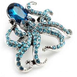 Vintage Octopus Brooch, Ocean Blue Octopus Pin, Silver Rhinestone Beach Jewelry