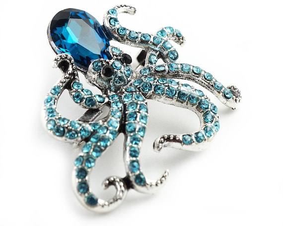 Vintage Octopus Brooch, Ocean Blue Octopus Pin, Silver Rhinestone Beach Jewelry