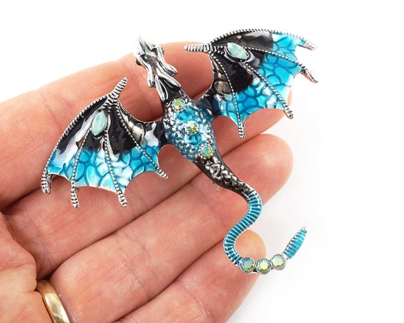 ON VACATION Blue Dragon Brooch, Silver Flying Dra… - image 1