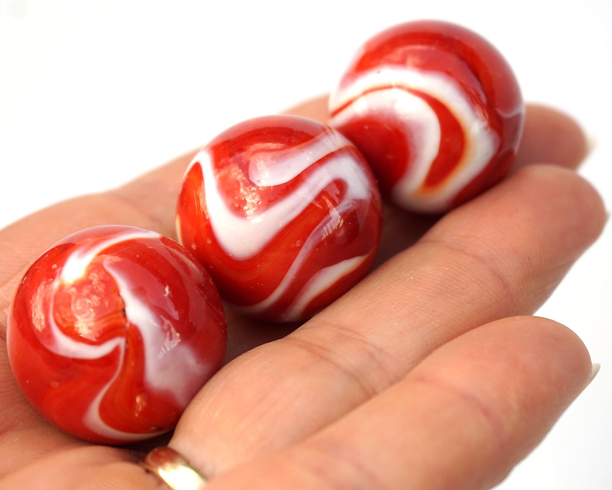 Vintage German Glass Marble 22mm, Red and White Swirl Marble