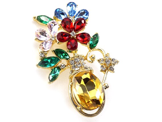 Exquisite Flower Bouquet Vase Brooch, Colorful Flowers Brooch, Bouquet of Flowers Pin, Crystal Vase Brooch, Vintage Botanical Scarf Pin