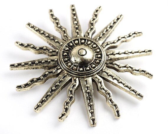 Vintage Sun Brooch, Shiny Golden Sunburst Shield Pin, Geometric Metal Sun Rays
