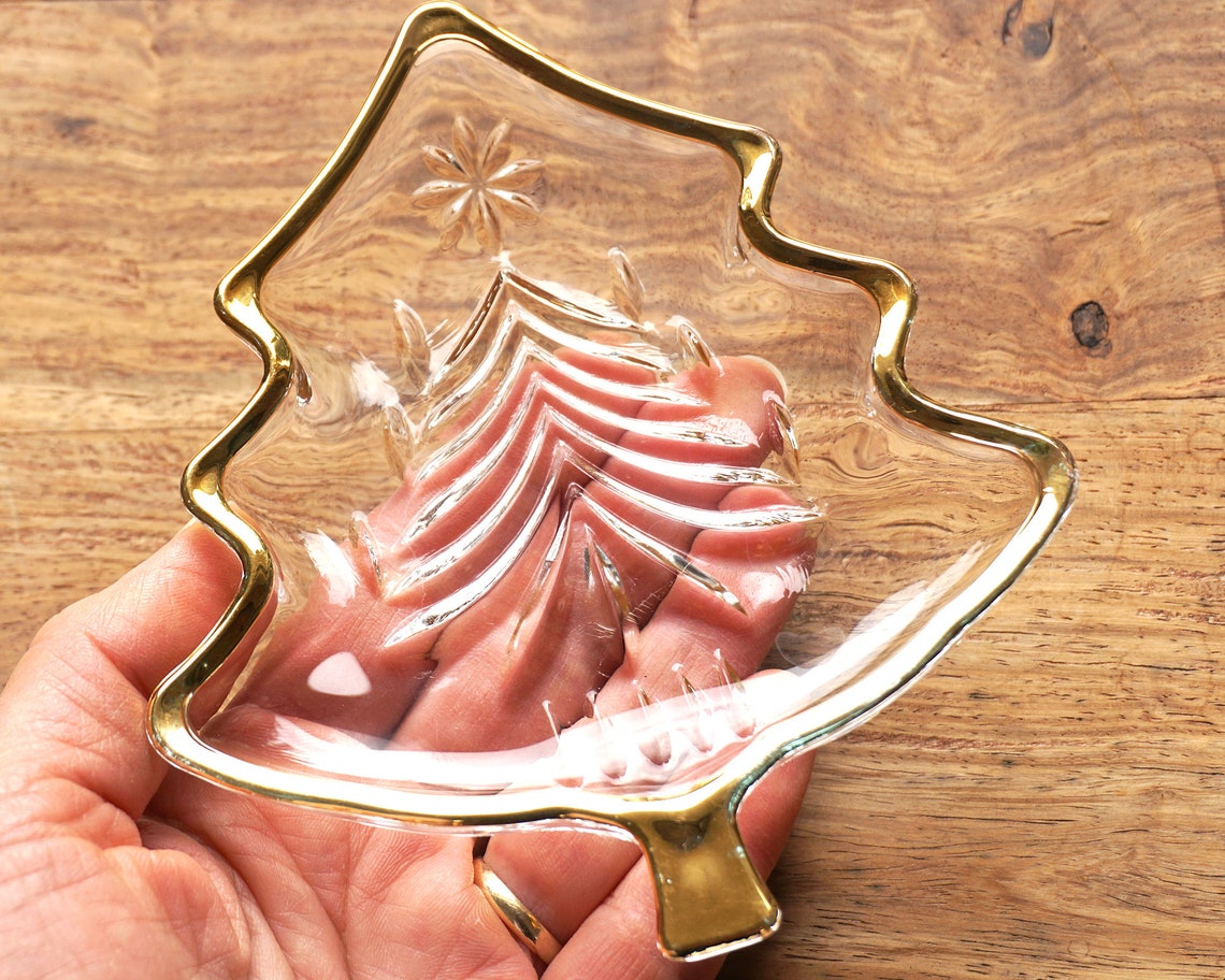 Gold Edge Clear Glass Christmas Tree Plate Small Candy Dish Etsy