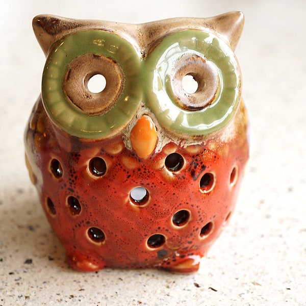 ON VACATION Small Red Owl Lamp, Ceramic Lantern with Cutouts, Vintage Candleholder Tealight Rustic Ethnic Bohemian Men gift for her him