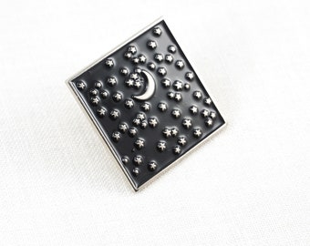 ON VACATION Night Sky Pin, Moon and Stars Brooch Lapel Pin for Men or Women, Stars Tie Tack Pin, Silver Enamel Brooch Square Button