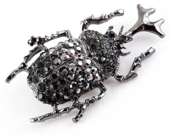 ON VACATION Big Black Bug Brooch, Large Vintage Stag Beetle Pin, Insect Brooch, Black Rhinestone Crystal Beatle, Gunmetal Pin