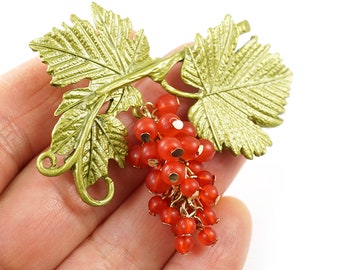 Exquisite Red Current Brooch, Dangling Berries Metallic Green Plant Pin, Vintage Brooch Pin Botanical  Nature Inspired Jewelry Gift