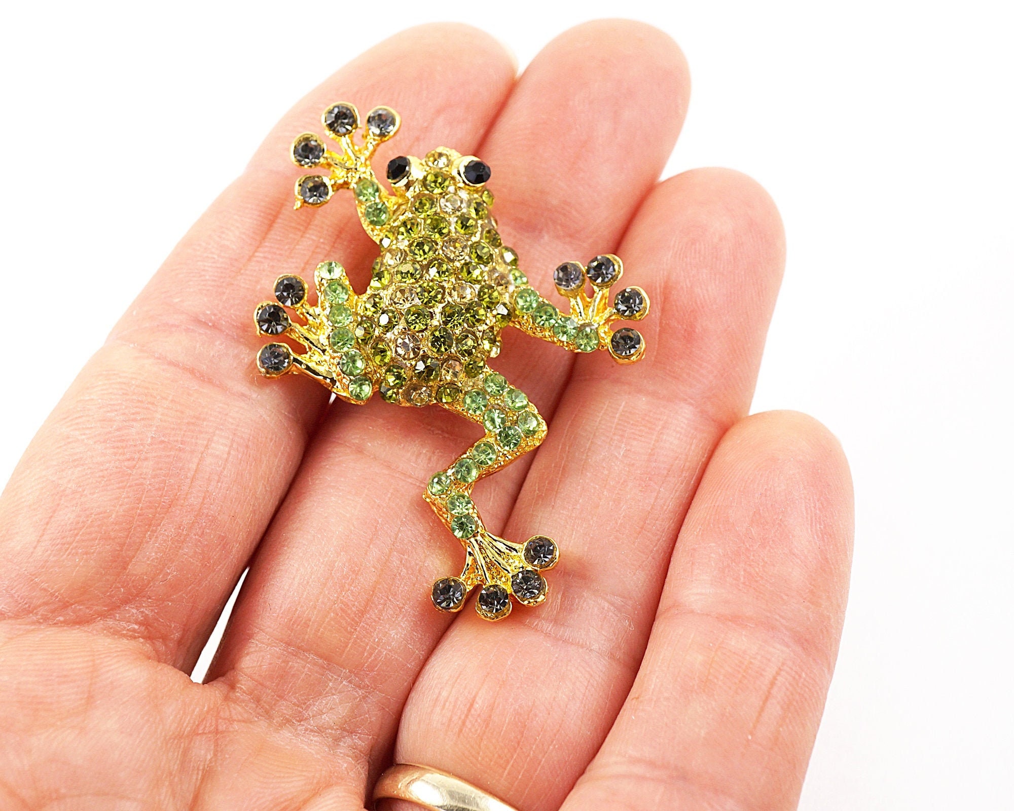 Green Frog Brooch, Vintage Gold Frog Pin, Tiny Rhinestone Crystal Brooch Pin, Enamel Brooch, Frog Prince gold jewelry