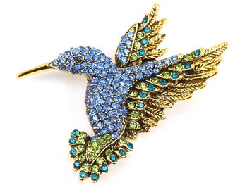 EN VACANCES Superbe broche colibri en or bleu, broche vintage Petits cristaux de strass Colibri broche pendentif boucle