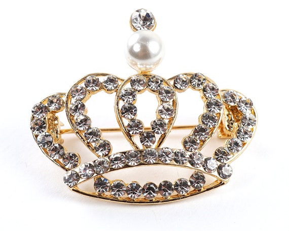 ON VACATION Gold Queen King Crown Brooch, White P… - image 3