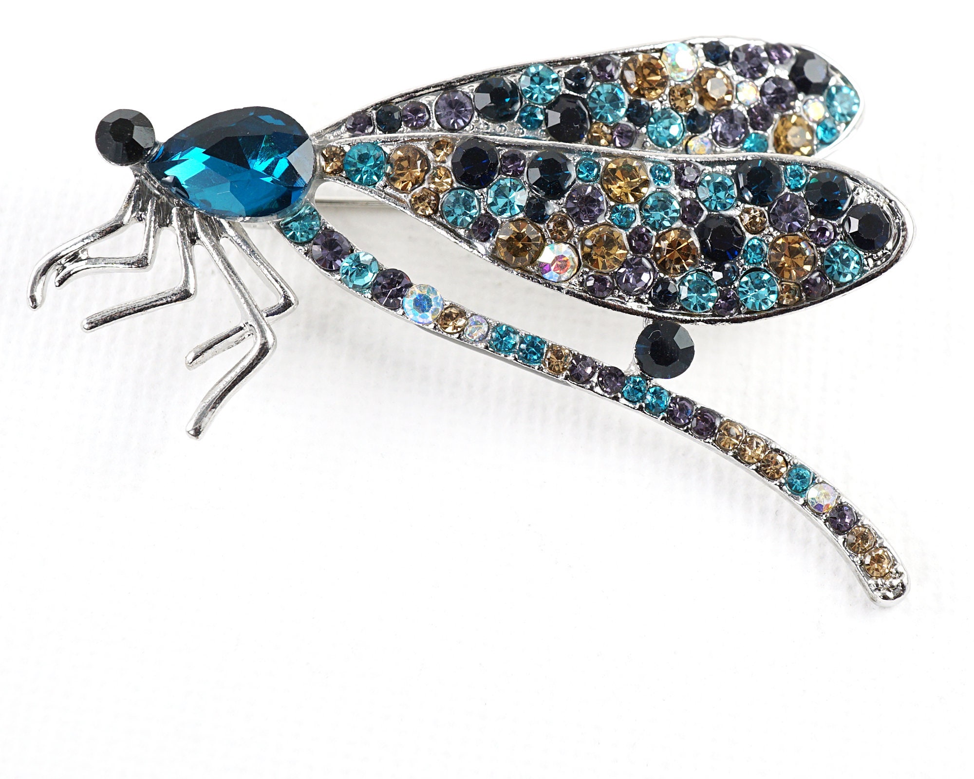 ヴィンテージトンボブローチ、ブルーラインストーンクリスタルトンボ