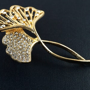 ON VACATION Gold ginkgo Leaves Pin, Tiny Rhinestones, Botanical Brooch, Vintage Wedding Jewelry image 2