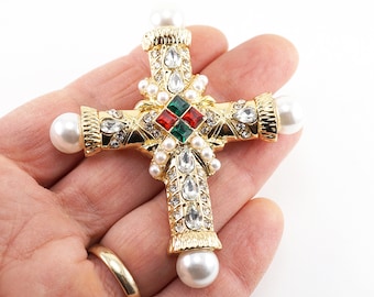 Gold Maltese Cross Brooch, Art Deco vintage Brooch, Rhinestone and Pearl Cross Brooch Pendant Loop on the back
