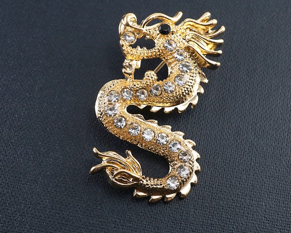 ON VACATION Gold Dragon Brooch, Rhinestone Dragon Pin, 2024