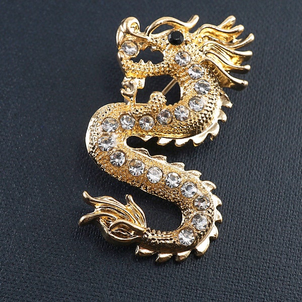 ON VACATION Gold Dragon Brooch, Rhinestone Dragon Pin, 2024 Year of Dragon, Vintage Jewelry