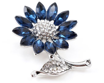 ON VACATION Sapphire Blue Crystal Flower Brooch, Marquise Cut Blue Flower Pin Silver Rhinestone Brooch, Something Blue Wedding Brooch