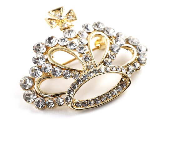 ON VACATION Gold Royal Crown Brooch, Crystal Rhin… - image 2