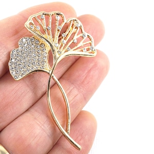 ON VACATION Gold ginkgo Leaves Pin, Tiny Rhinestones, Botanical Brooch, Vintage Wedding Jewelry image 1