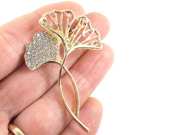 ON VACATION Gold ginkgo Leaves Pin, Tiny Rhinestones, Botanical Brooch, Vintage Wedding Jewelry