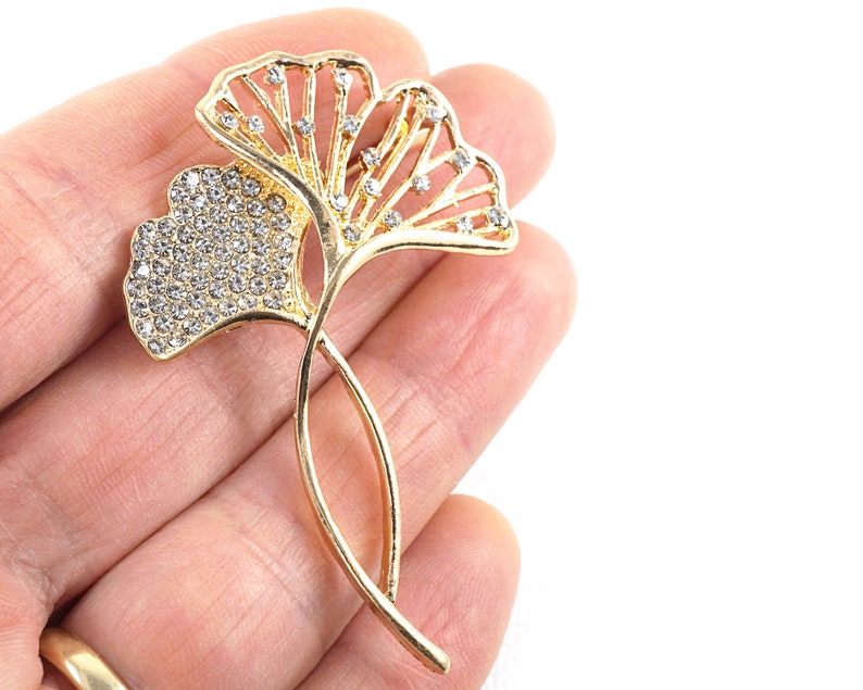 ON VACATION Gold ginkgo Leaves Pin, Tiny Rhinestones, Botanical Brooch, Vintage Wedding Jewelry image 1