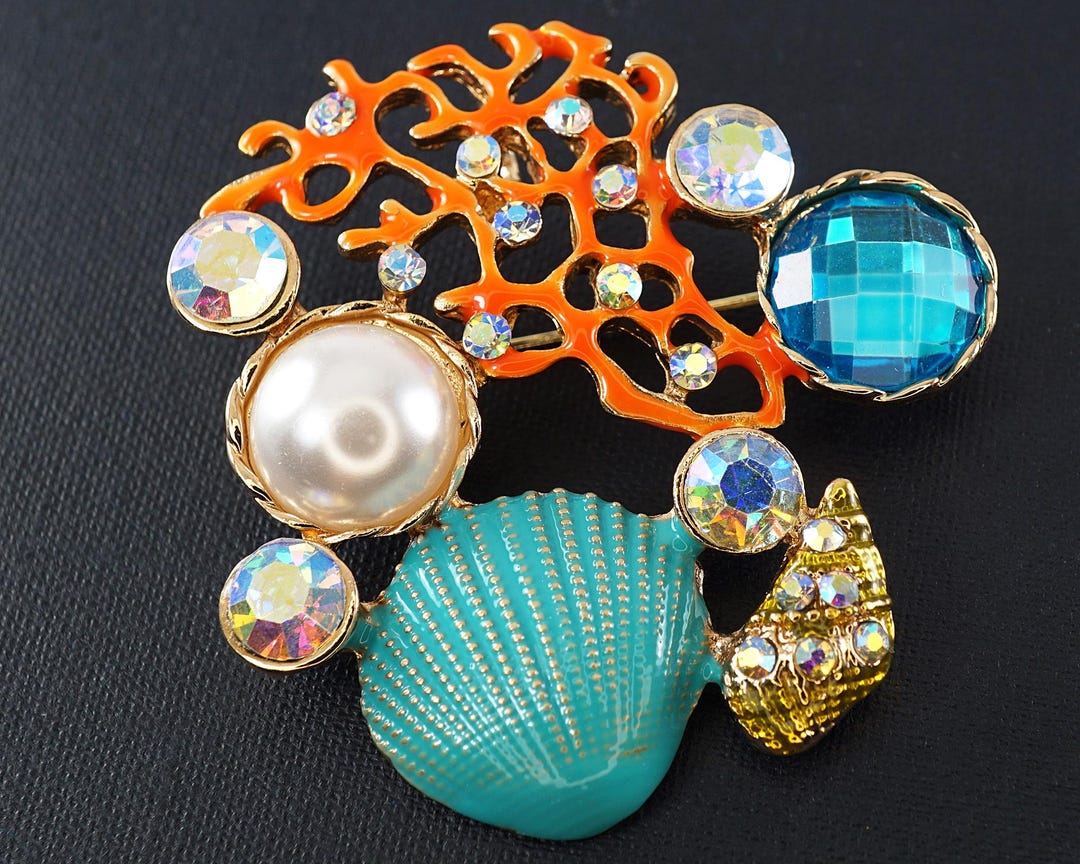 Gold Ocean Brooch, Mixed Beach Pin, Orange Coral, Turquoise Blue Shell ...