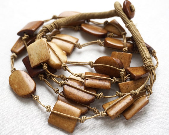 ox bone bead necklace string knotted Brown cord H… - image 1