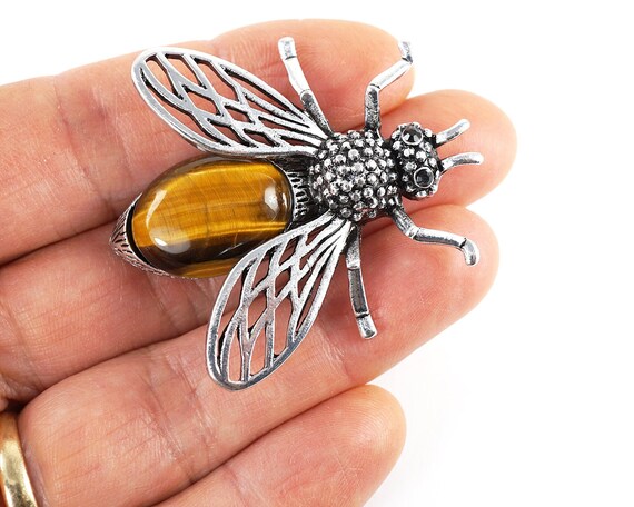 Épingle Ancienne XIXe Siècle - Insecte En Argent Avec œil De Tigre - Très Bon état