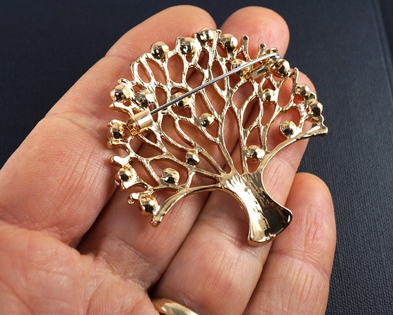 Vintage Tree of Life Brooch Gold Rhinestone Pin Nature Jewelry