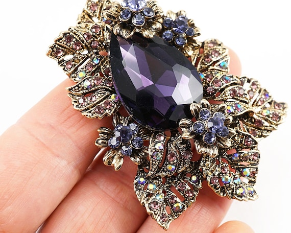 Stunning Purple Crystal Brooch Large Flower Pin Gold Rhinestone