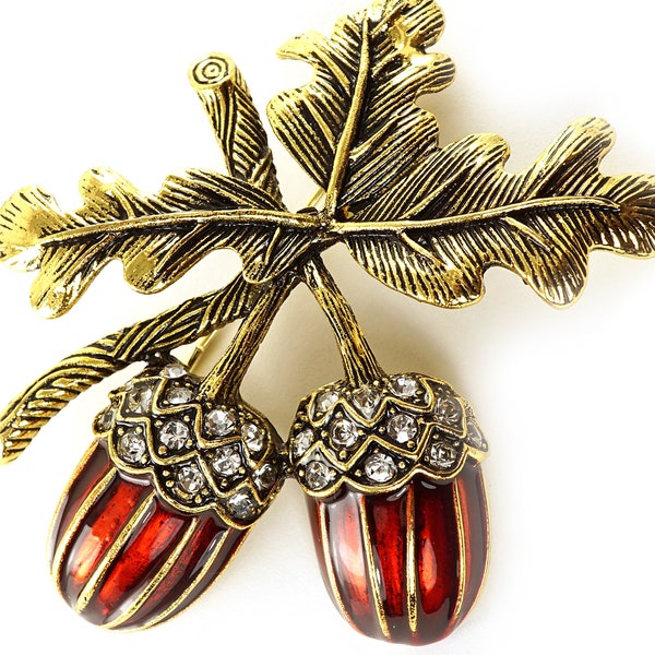 Vintage Leaf Acorn Nut Brooch, Oak Tree Pin, Bronze and Rhinestone Plant Pin, Botanical Acorn Tree Oaknut Nature Inspired Jewelry