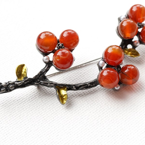 Beautiful Tree Branch Brooch, Carnelian Stone Berries, Golden Leaves, Botanical Shawl Pin Brooch Pendant, Nature Jewelry