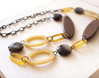 ON VACATION bohemian necklace long large geometric wooden lucite beads bronze chain necklace brown yellow retro boho bright wood