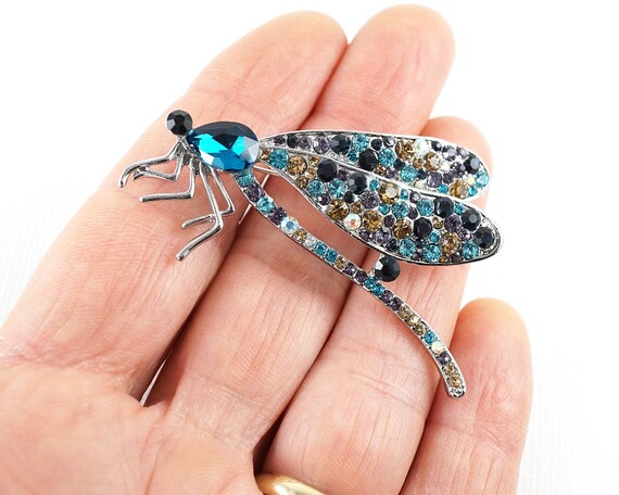 ヴィンテージトンボブローチ、ブルーラインストーンクリスタルトンボ