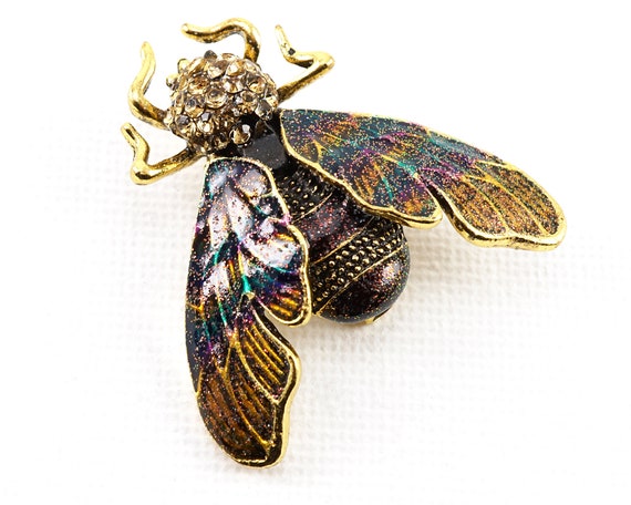 Detailed Gold Fly Brooch, Vintage Insect Pin, Enamel Rainbow Tiny