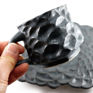 ON VACATION Pinecone Tea Cup and Saucer, Unique Ceramic Mug, Rustic Black Coffee Cup, Modern Kitchen Nature Decor, Geometric Square image 4