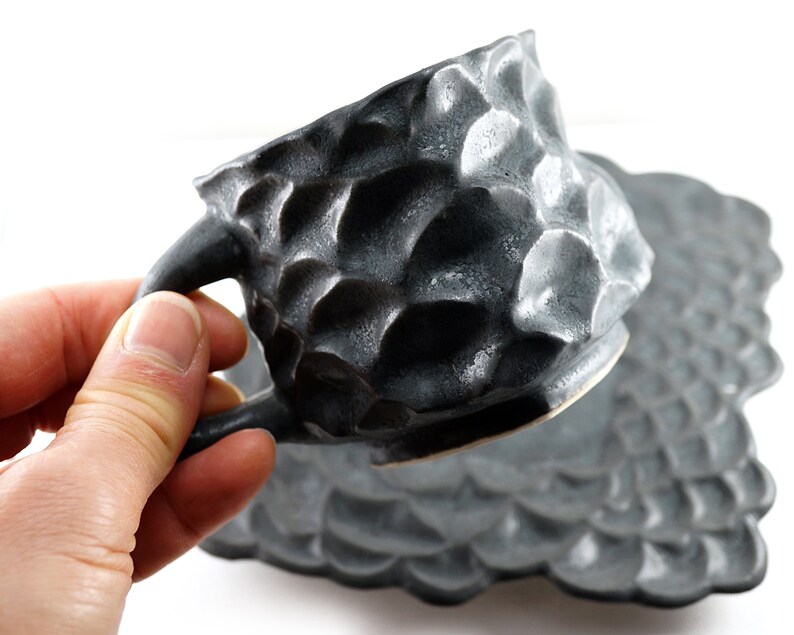 ON VACATION Pinecone Tea Cup and Saucer, Unique Ceramic Mug, Rustic Black Coffee Cup, Modern Kitchen Nature Decor, Geometric Square image 4