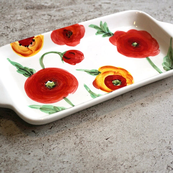 EN VACANCES émaillé fleur de pavot rouge, assiette à sushi en céramique vintage, plateau de présentation poterie, décoration de cuisine moderne minimale