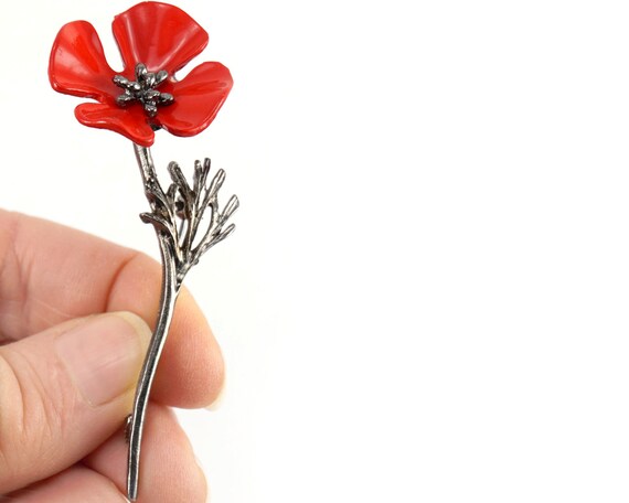 赤いポピーのブローチ、赤い花のブローチ、アンティークブローチ