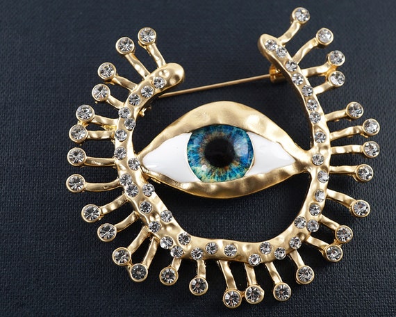 Stunning Eye Brooch, Luxury Blue Eyeball Pin, Vintage Magic Eye with Gold Eyelashes Rhinestone, High fashion