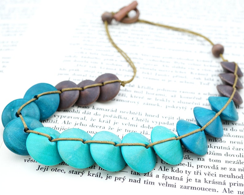 ON VACATION 3 Tone Turquoise Blue Disk Wood Necklace Knotted Cord large geometric Beads Hippie boho turquoise jewelry modern image 2