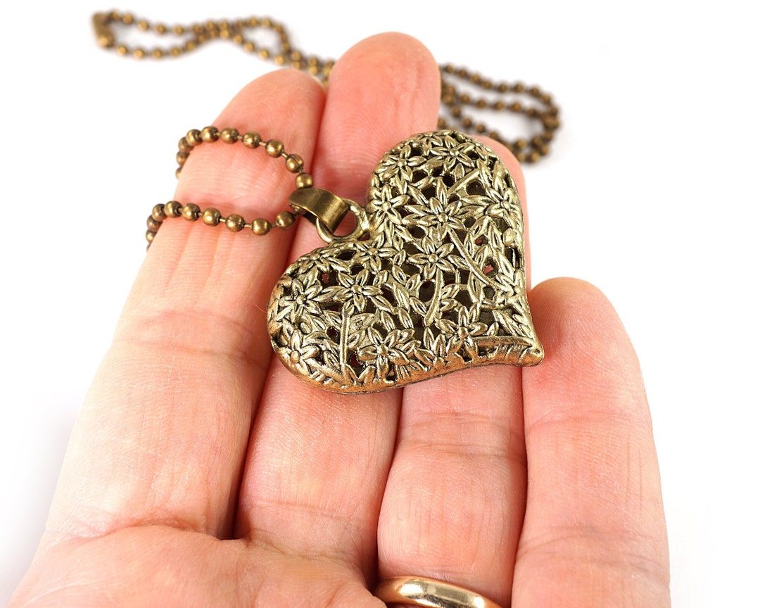 Vintage Antiqued Bronze Heart Necklace, Long Ball Chain, Large Hollow