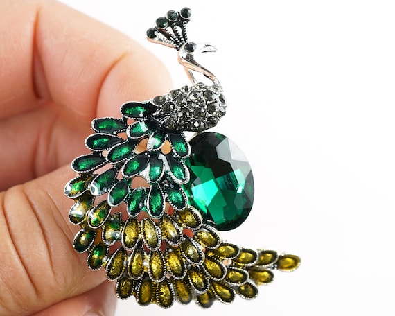 Vintage Enamel Crystal Rhinestone Peacock Feather Brooch for Women