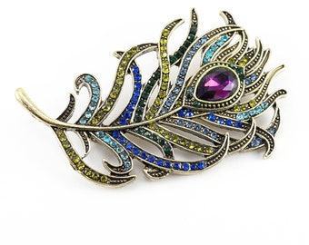 ON VACATION Stunning Peacock Feather Brooch Pin, Purple Teardrop Crystal, Colorful Blue Green Tiny Rhinestones Valentine's Day gift