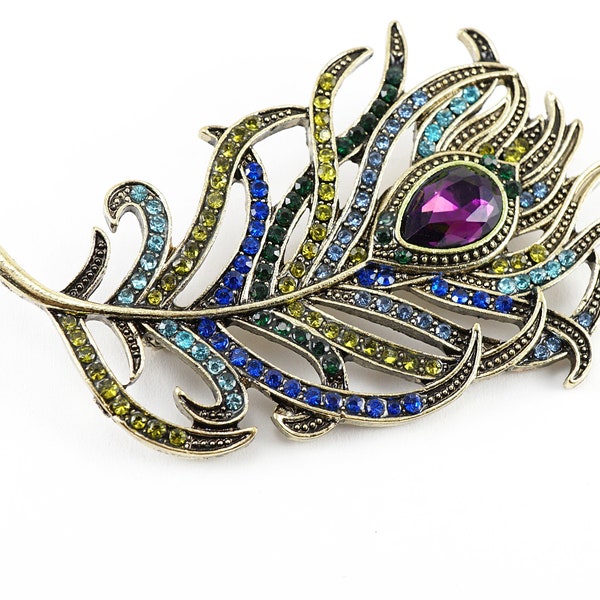 ON VACATION Stunning Peacock Feather Brooch Pin, Purple Teardrop Crystal, Colorful Blue Green Tiny Rhinestones Valentine's Day gift