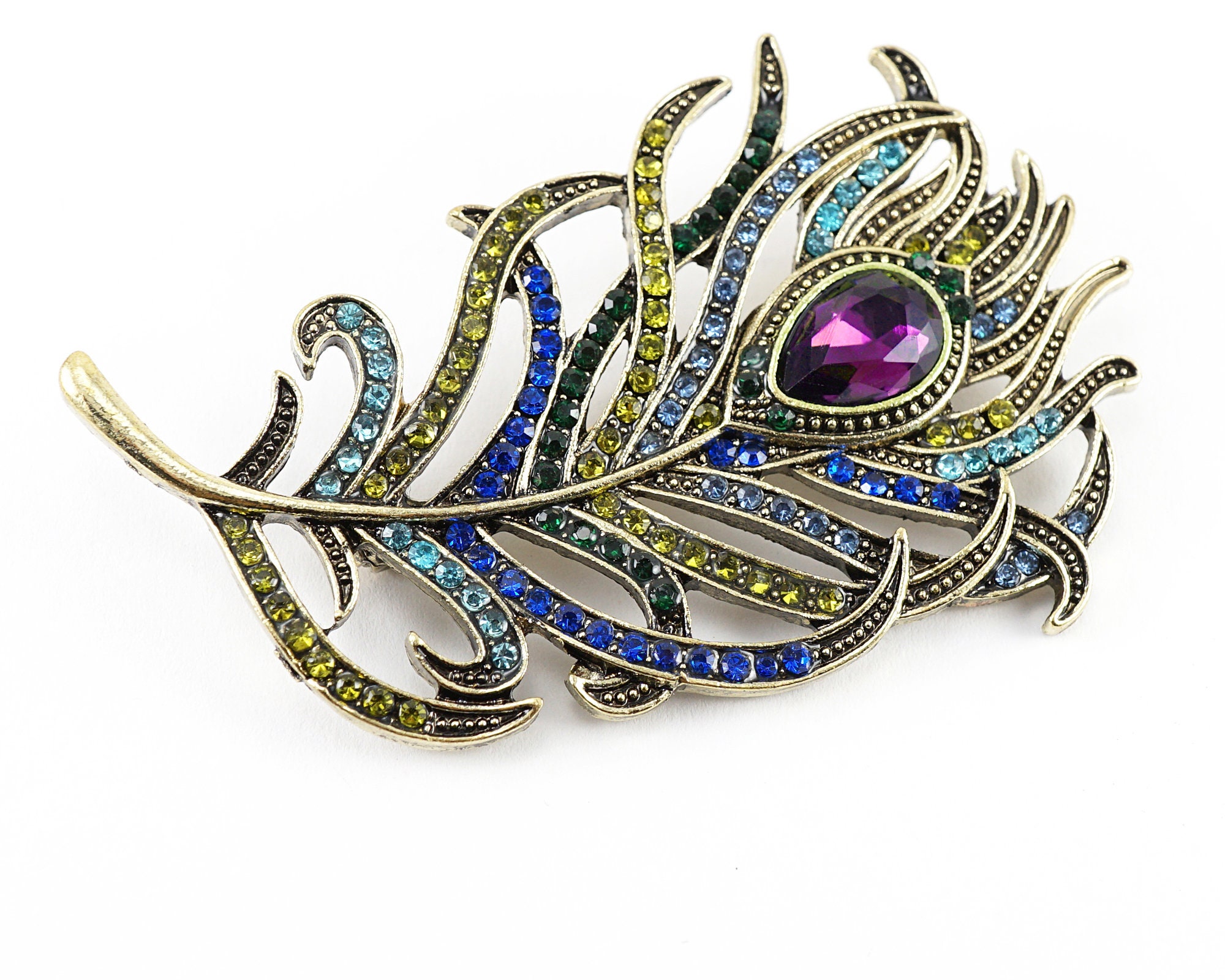 atVintage Stunning Peacock Feather Brooch Pin, Purple Teardrop Crystal, Colorful Blue Green Tiny Rhinestones Valentine's Day Gift