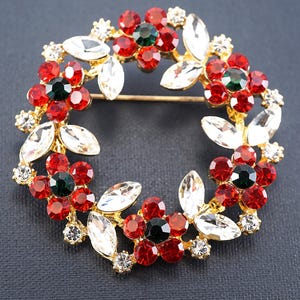 Red Flower Wreath Brooch, Colorful Crystals, Round Brooch Pendant, Vintage Luxury Rhinestone Gold Brooch Pin