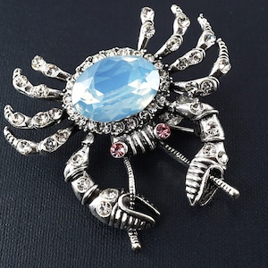 Blue Crab Brooch, Small Silver Crab Pin, Glass Opal Moonstone Rhinestone Pin, Marine Ocean Beach Shawl Scarf Pin, Vintage Jewelry