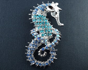 Blue Crystal Seahorse Brooch, Big Silver Rhinestone Pin, Vintage Jewelry