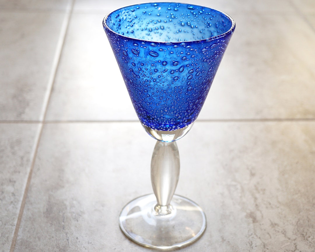 Cobalt Blue Glass Bubble Glass Handmade Wine Glass Goblet Etsy